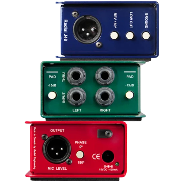 Three Radial DI boxes including the Radial J48 active DI and the ProD2 stereo passive DI