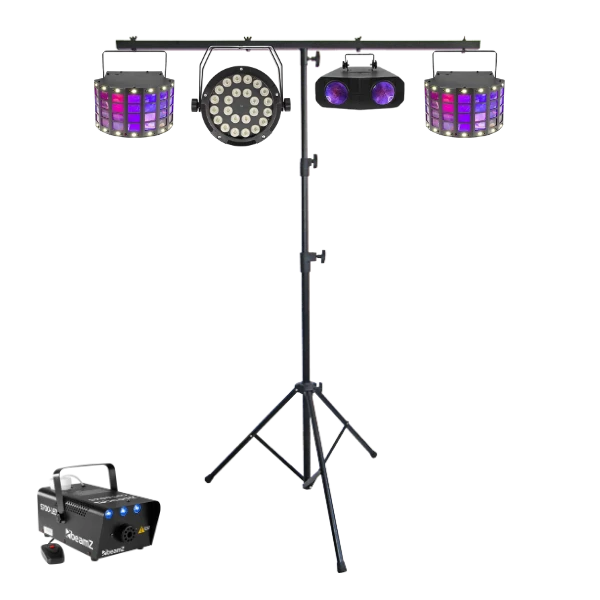 DJ light bar with Derby effects, wash PAR, double-moon fixture and fog machine on a T-bar for hire in Sydney