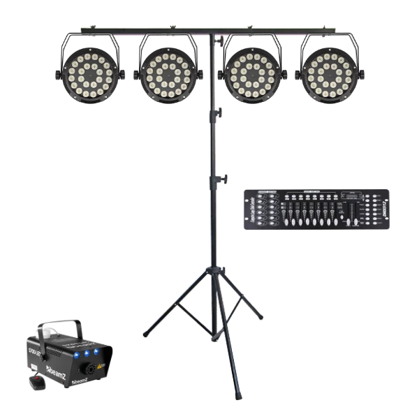 Stage light bar with four LED PAR cans, DMX controller and fog machine on a T-bar for hire in Sydney